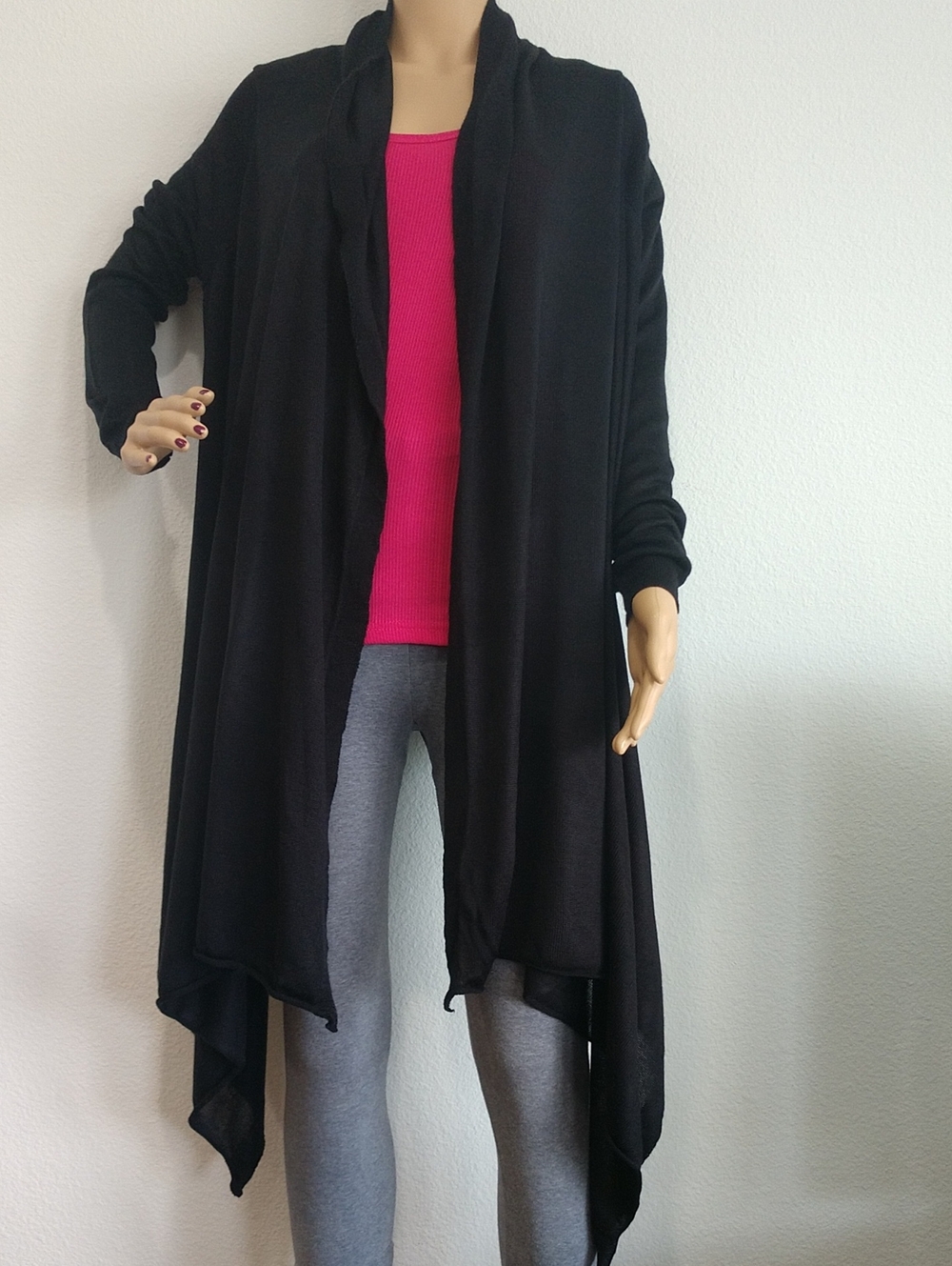 VENUS Black Draped Open-Front Lightweight Cardigan with Pink Tank
